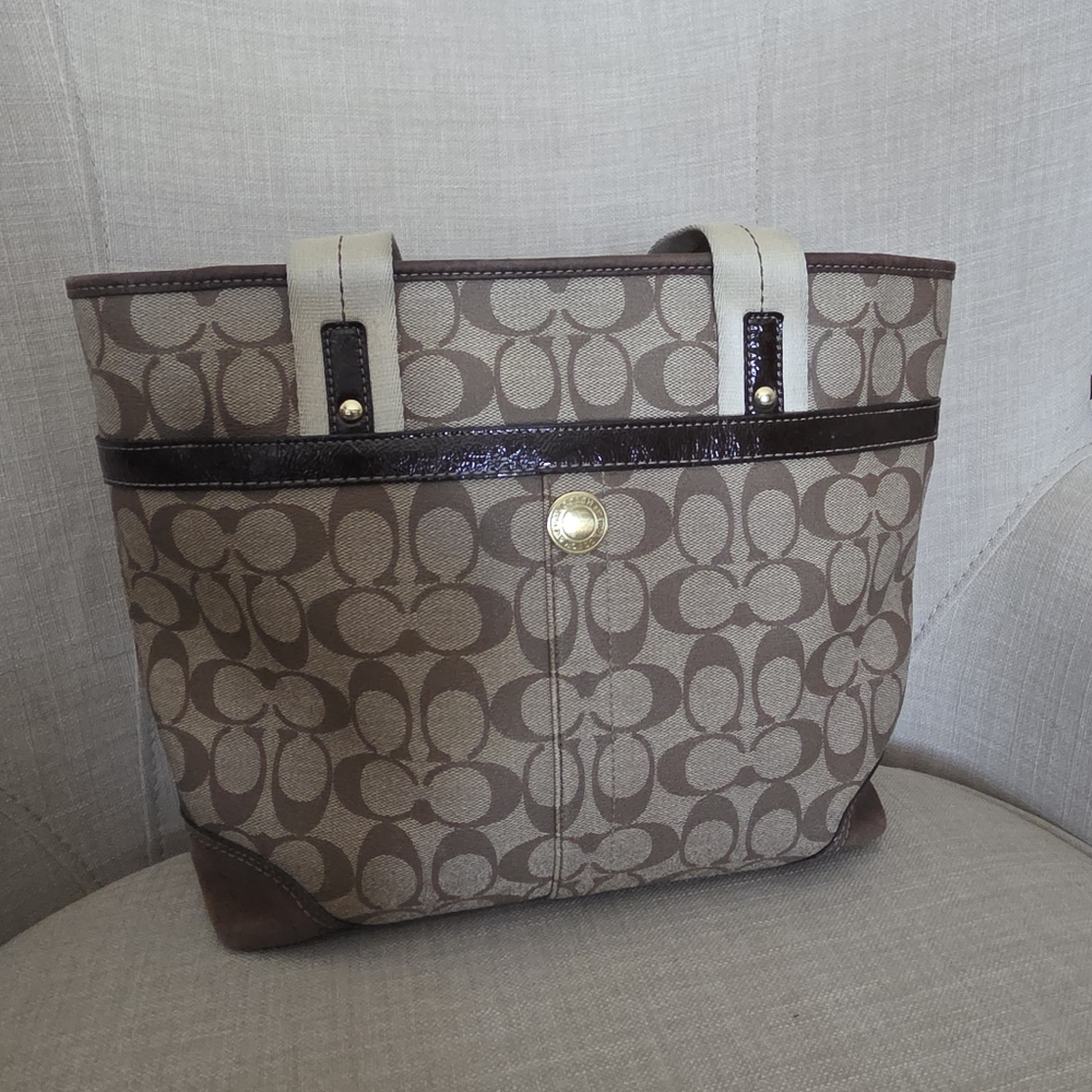 Coach Brown Signature Canvas Tote with Red Logo and Dark Brown Stripe - Picture 5 of 16